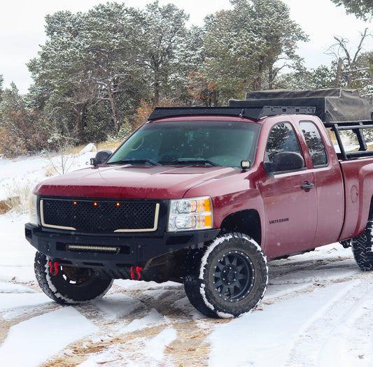 2007-2013 Chevy Silverado Roof Rack Baseline Overland with winch bumper and Methods bed rack roof top tent