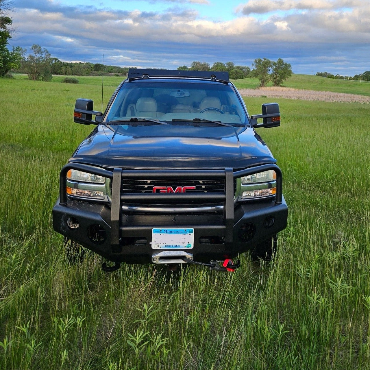 GMC Yukon XL Chevy Suburban 2500 Aluminum Buckstop Winch Bumper Baseline Overland Roof Rack Front View