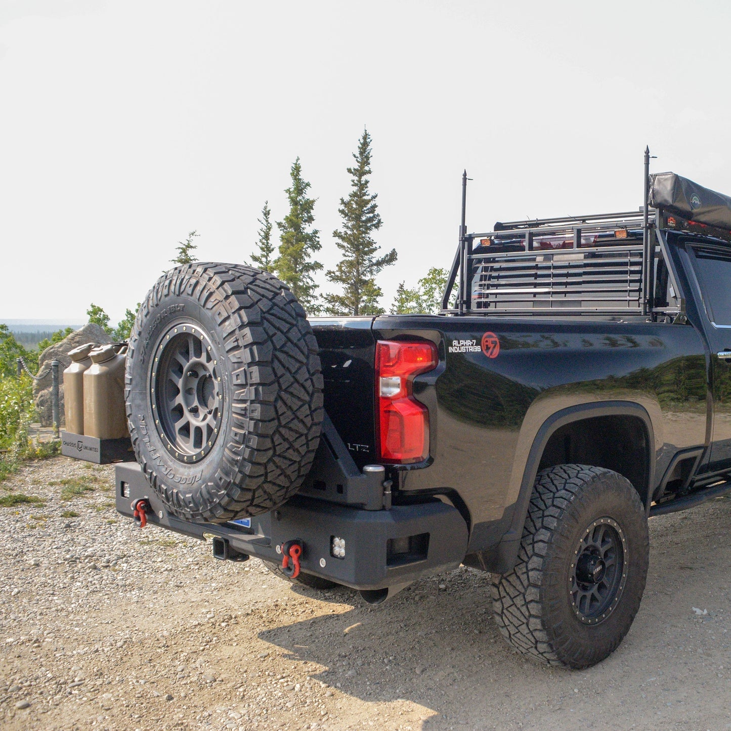 2020-2022 Chevy/ GMC 2500/ 3500 Dual Swing Out Rear Bumper  for full size spare and dual jerry cans by Chassis Unlimited Baseline Overland