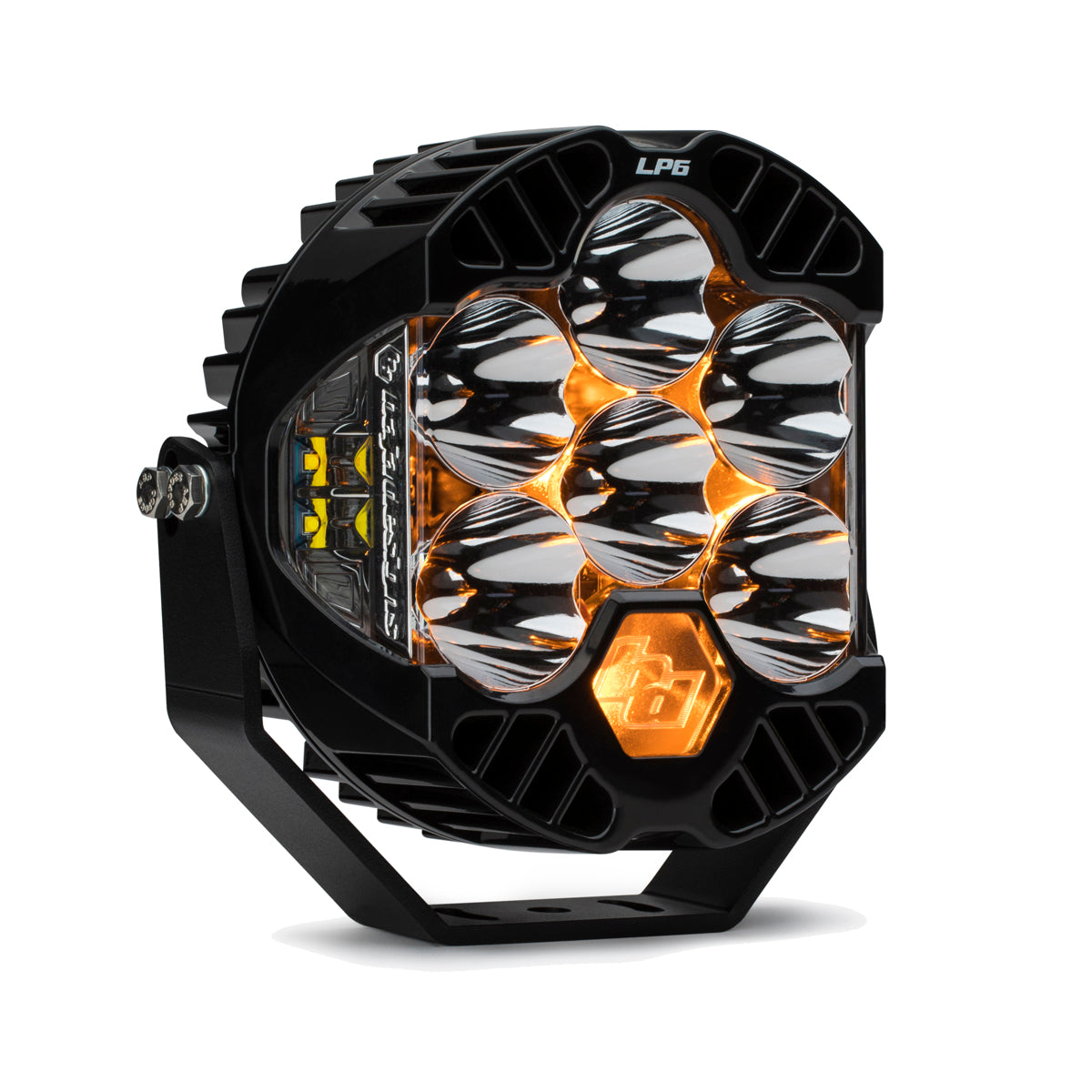 Front view of the Baja Designs LP6 Pro LED Auxiliary Light Pod, showcasing its rugged design and six powerful LED lights and amber backlight