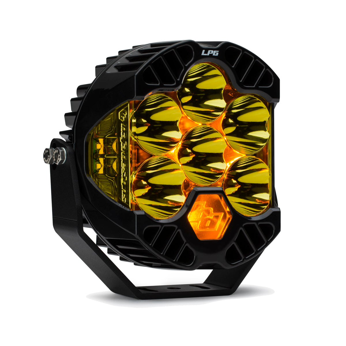 Front view of the AMBER Spot Baja Designs LP6 Pro LED Auxiliary Light Pod, showcasing its rugged design and six powerful LED lights.