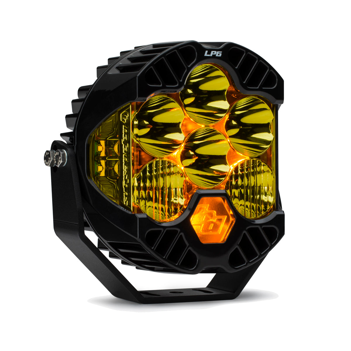 Front view of the Baja Designs LP6 Pro LED Auxiliary Light Pod, showcasing its rugged design and six powerful LED lights and amber backlight