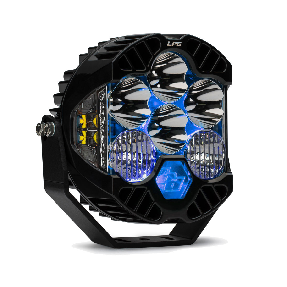 Front view of the Baja Designs LP6 Pro LED Auxiliary Light Pod, showcasing its rugged design and six powerful LED lights and blue backlight