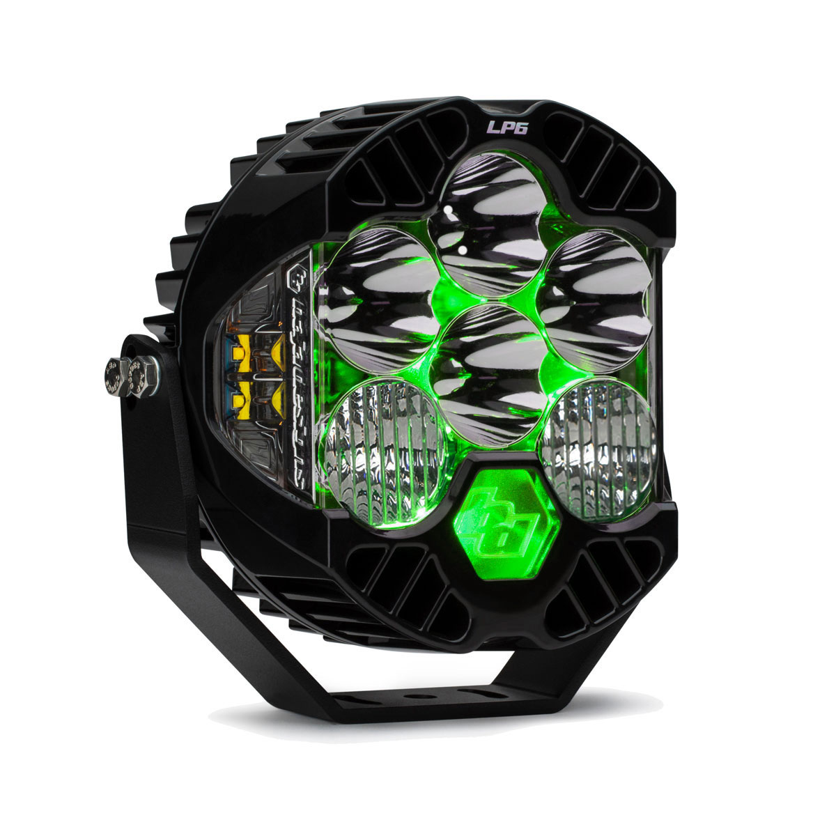 Front view of the Baja Designs LP6 Pro LED Auxiliary Light Pod, showcasing its rugged design and six powerful LED lights and green backlight