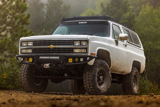 Baseline Overland 1990 K5 Blazer on 35s with Roof Rack, Hybrid Bumper, and Methods