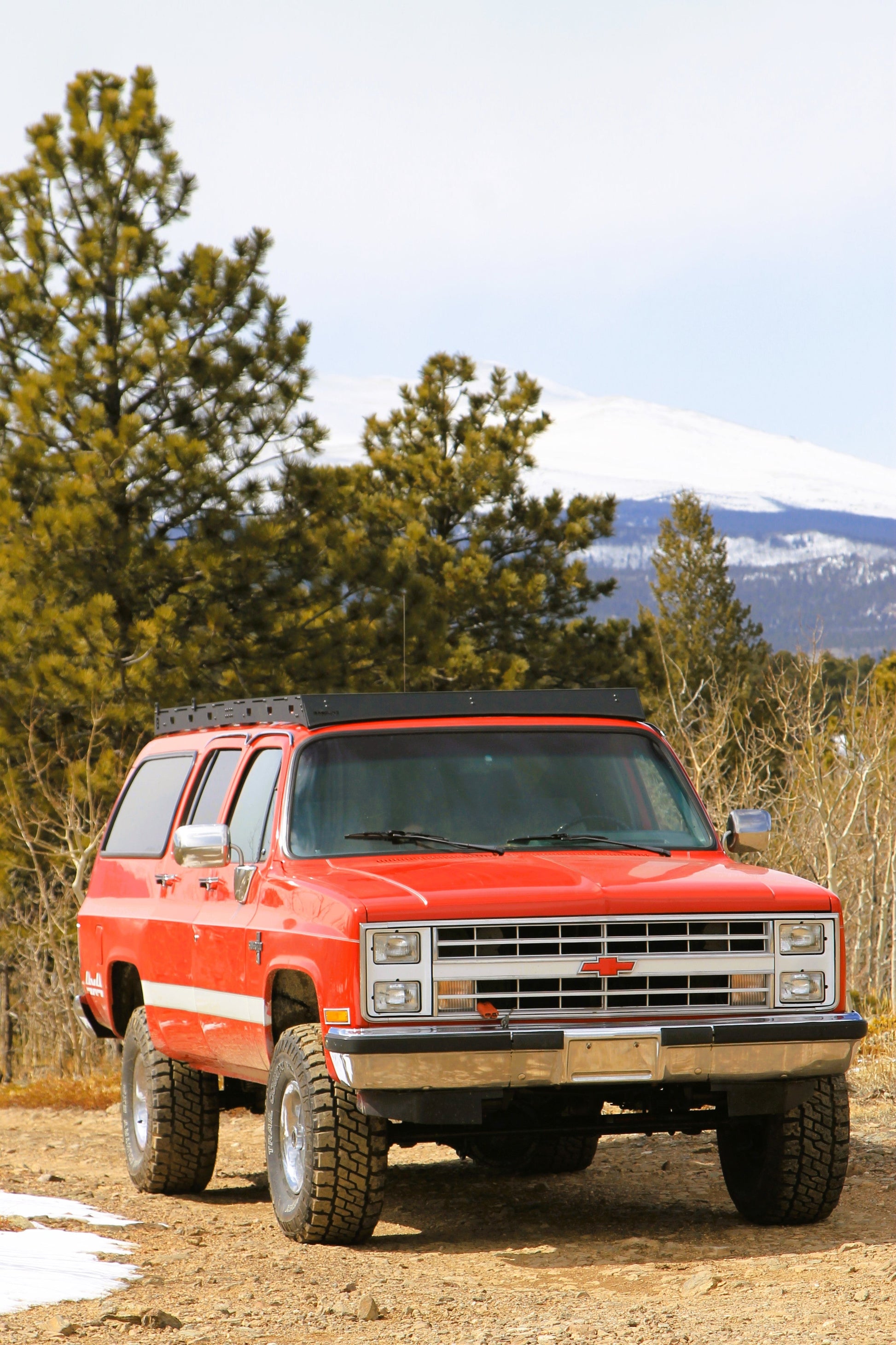Red 1987 Chevy Suburban with Baseline Overland Roof Rack 