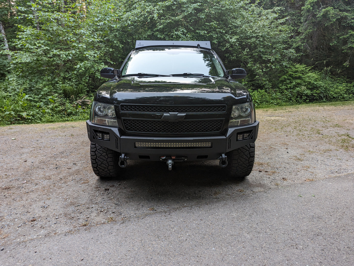 Black Tahoe with Baseline Overland Roof Rack and Octane Winch Bumper