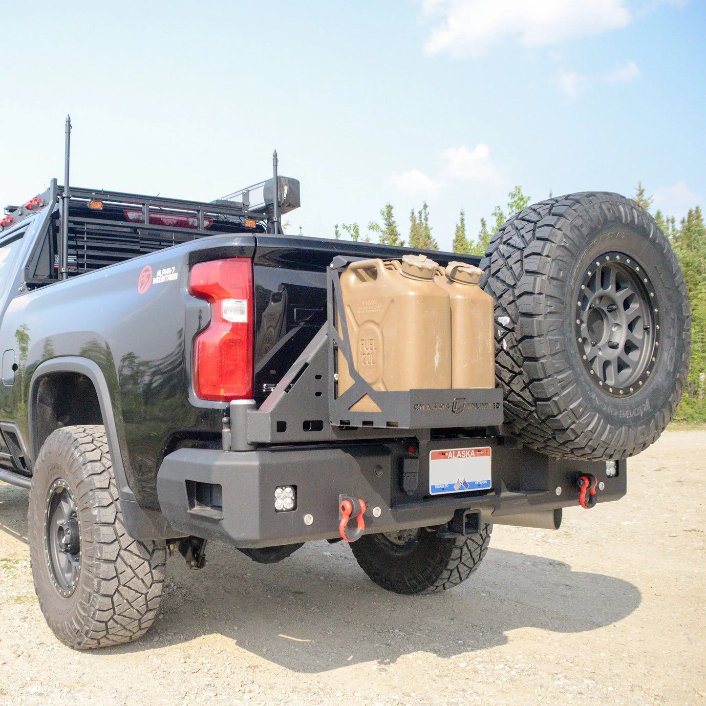 2020-2022 Chevy/ GMC 2500/ 3500 Dual Swing Out Rear Bumper by Chassis Unlimitedwith Duall Jerry Cans and full size spare tire Baseline Overland