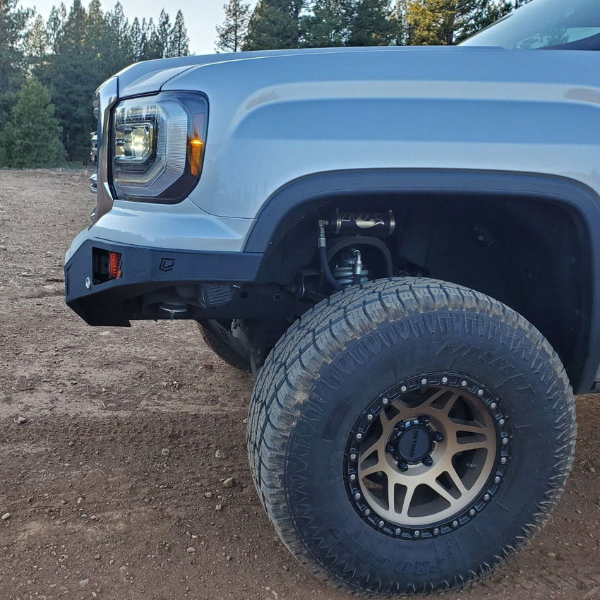 side view of silver sierra 2016-2018 GMC Sierra 1500 Front Winch Bumper by Chassis Unlimited